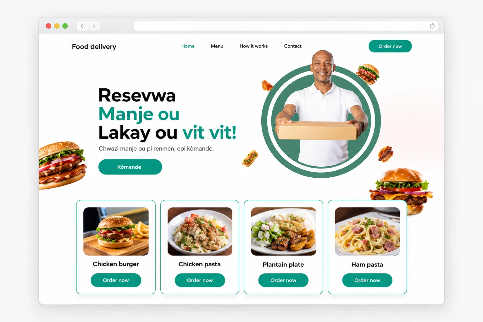 Anonymized food delivery website in a browser-frame mockup with a white and teal layout and food menu cards