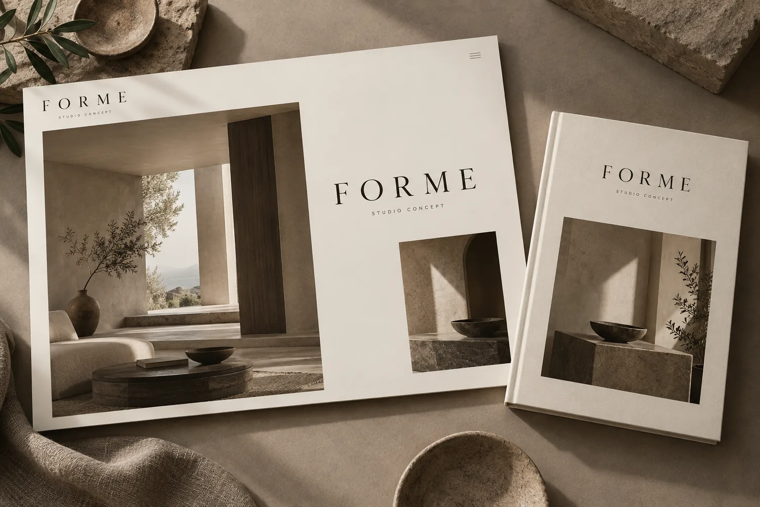 FORME studio concept showing an editorial interior design website and an architectural brochure in warm neutrals