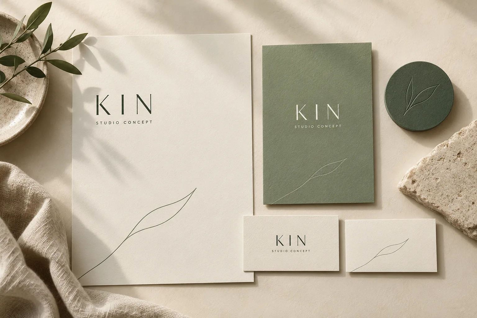 KIN studio concept with sage and cream stationery, a restrained botanical mark and carefully spaced typography