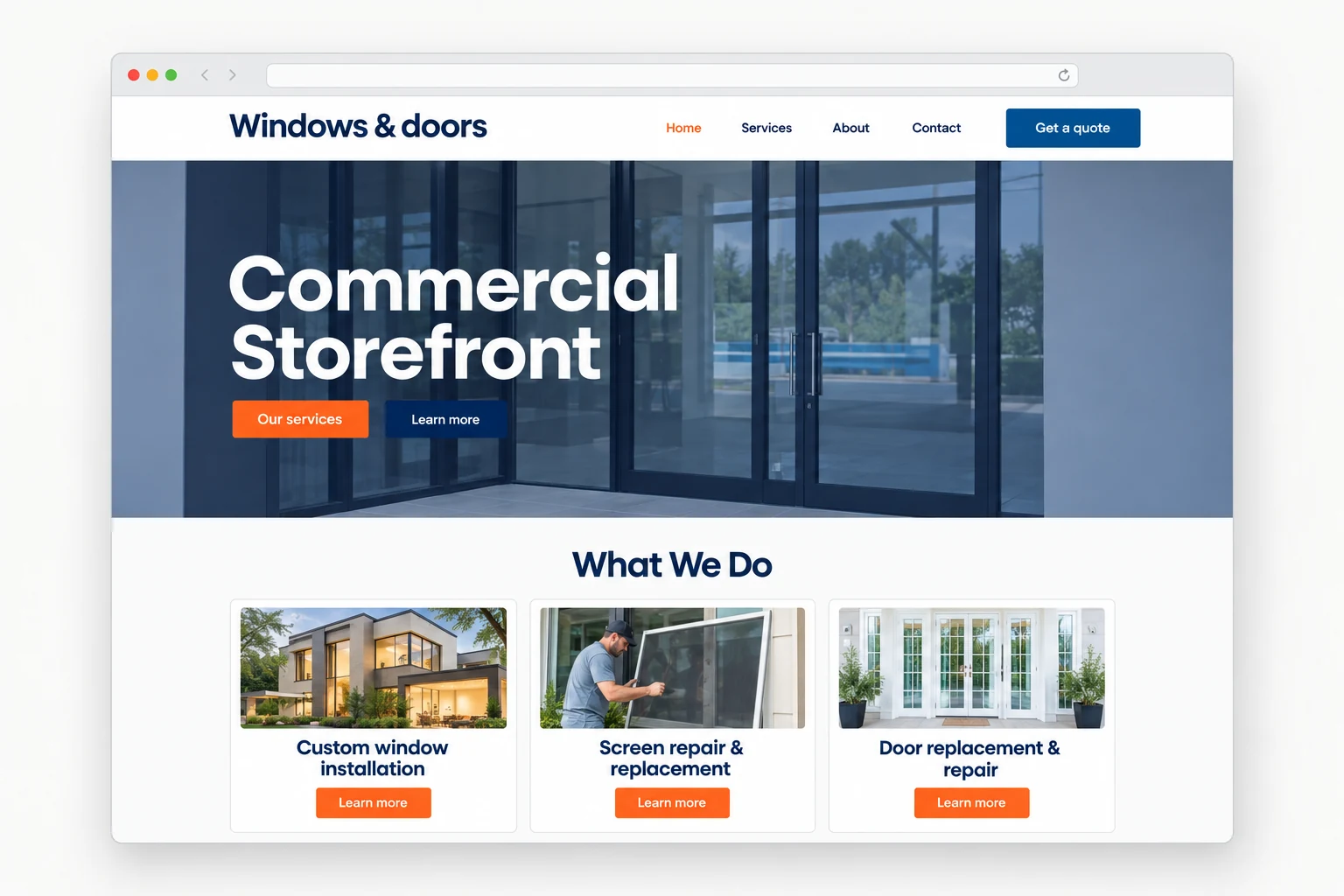 Anonymized windows and doors service website shown in a modern browser frame with architectural imagery and orange accents