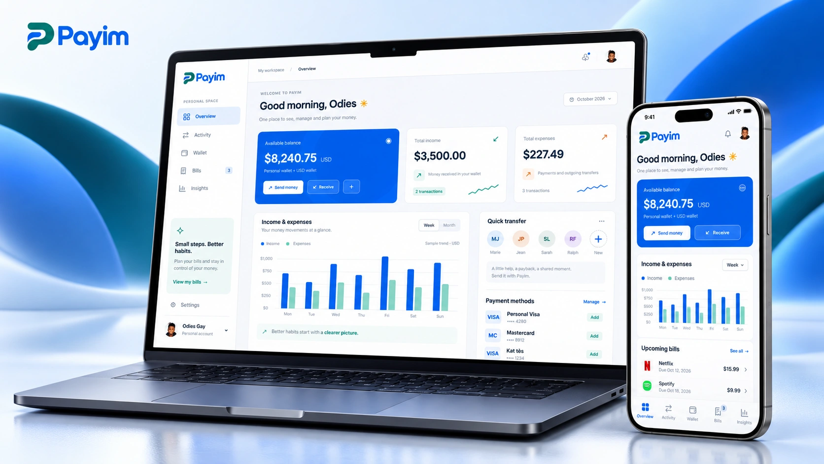 Payim digital wallet by Odies Digital displayed on a MacBook Pro and iPhone in a blue, white and dark-green product mockup