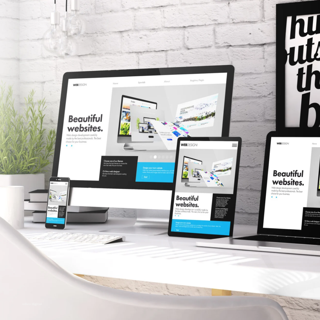 Responsive website design displayed on desktop, tablet, laptop and smartphone